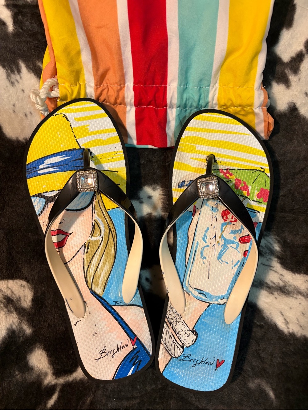 Brighton Yellow & Blue Graphic Sandal Flip Flops with Black Straps